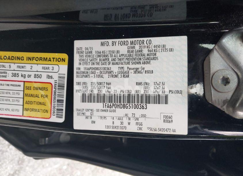 Photo 9 of 2016 Ford Fusion SE (VIN 1FA6P0HD8G5100363)