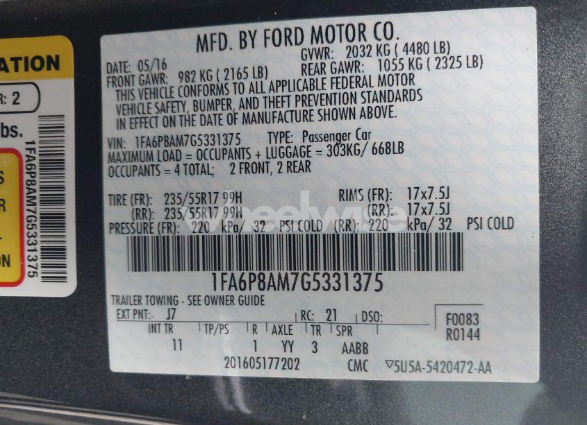 Photo 9 of 2016 Ford Mustang V6 (VIN 1FA6P8AM7G5331375)