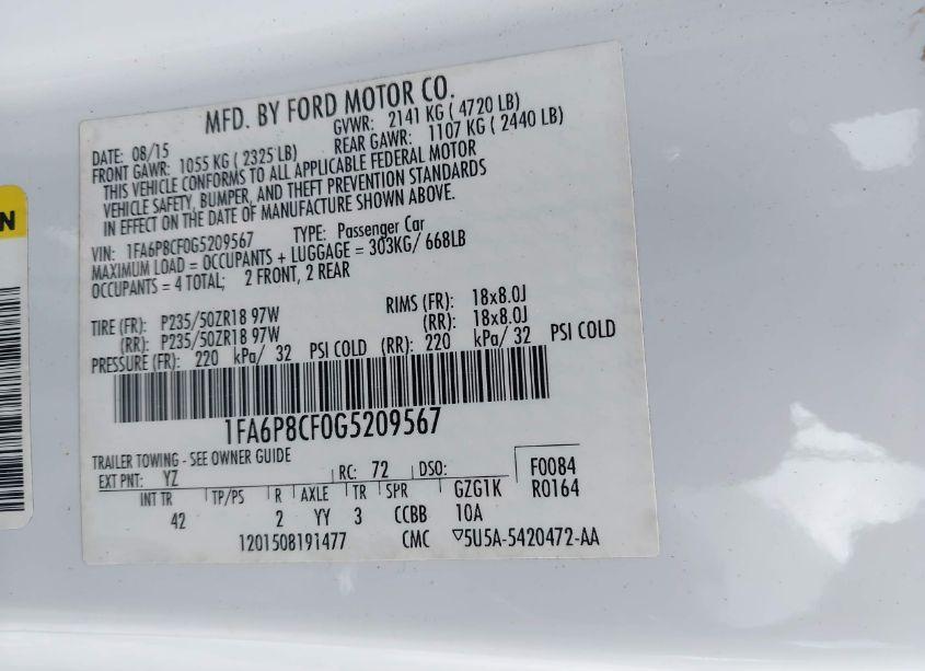 Photo 9 of 2016 Ford Mustang GT PREMIUM (VIN 1FA6P8CF0G5209567)