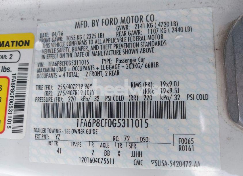 Photo 9 of 2016 Ford Mustang GT PREMIUM (VIN 1FA6P8CF0G5311015)