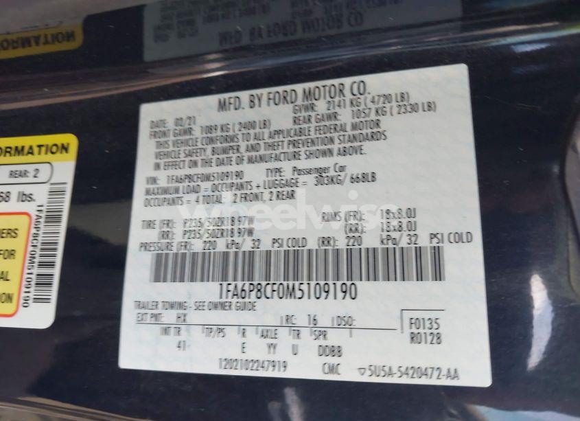 Photo 9 of 2021 Ford Mustang GT PREMIUM (VIN 1FA6P8CF0M5109190)