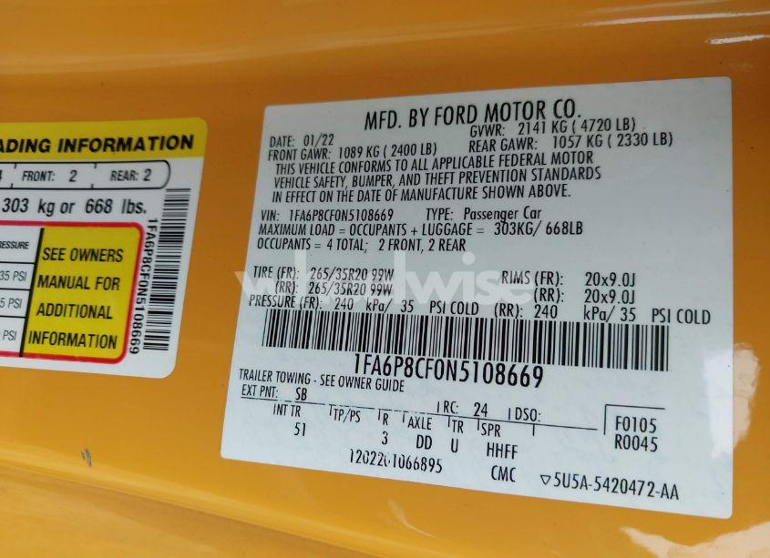 Photo 9 of 2022 Ford Mustang GT PREMIUM FASTBACK (VIN 1FA6P8CF0N5108669)