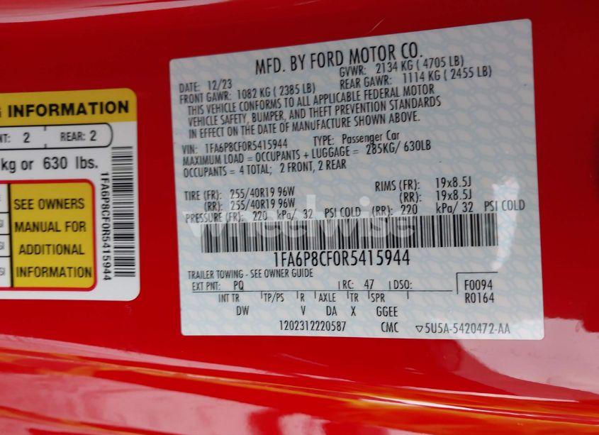 Photo 9 of 2024 Ford Mustang GT FASTBACK (VIN 1FA6P8CF0R5415944)