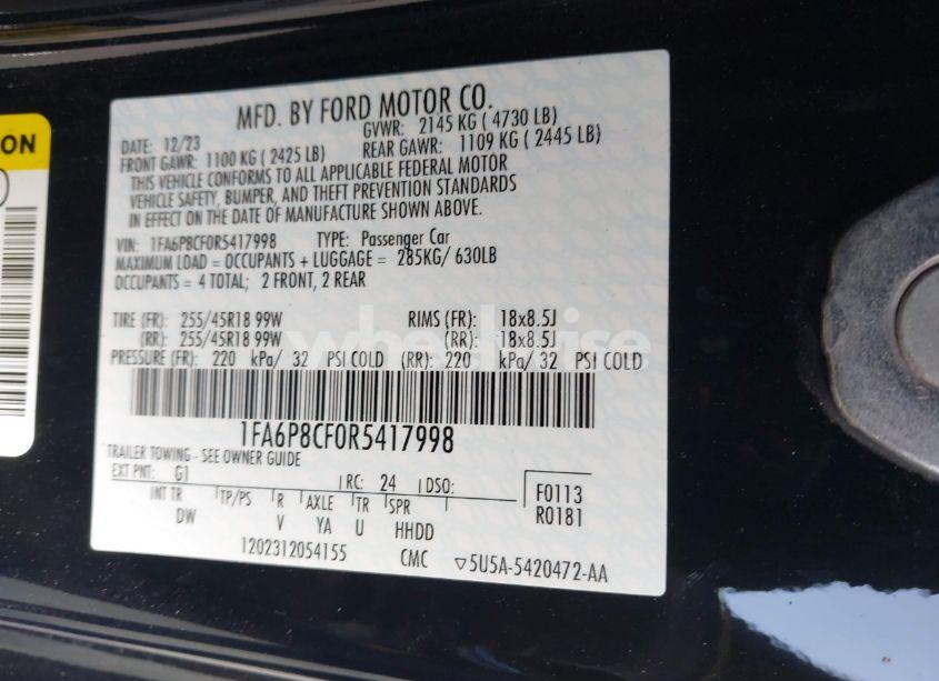 Photo 9 of 2024 Ford Mustang GT FASTBACK (VIN 1FA6P8CF0R5417998)