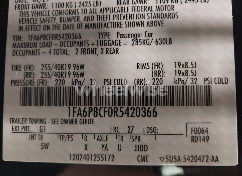 Photo 9 of 2024 Ford Mustang GT PREMIUM FASTBACK (VIN 1FA6P8CF0R5420366)