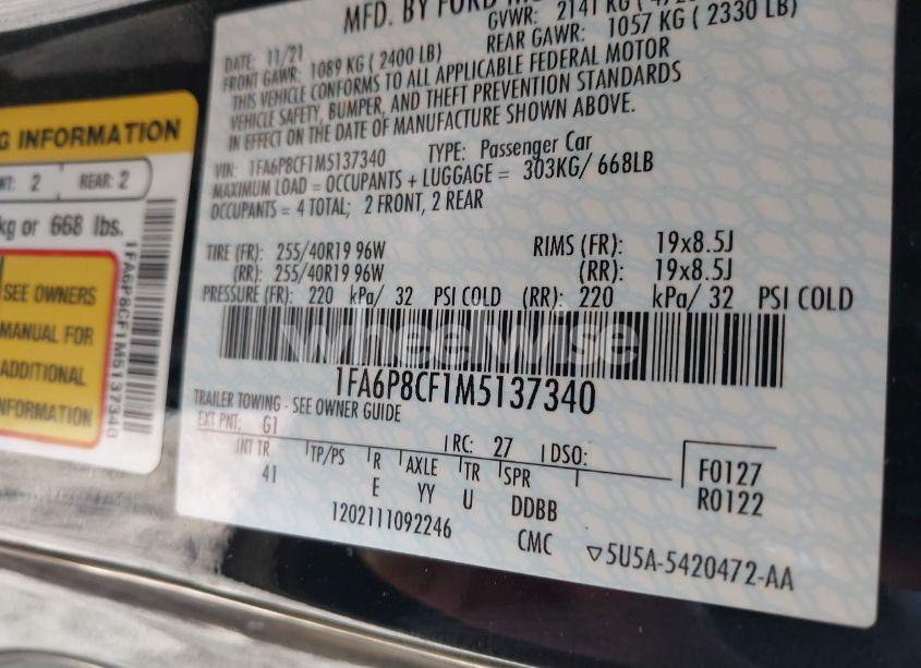 Photo 9 of 2021 Ford Mustang GT PREMIUM FASTBACK (VIN 1FA6P8CF1M5137340)