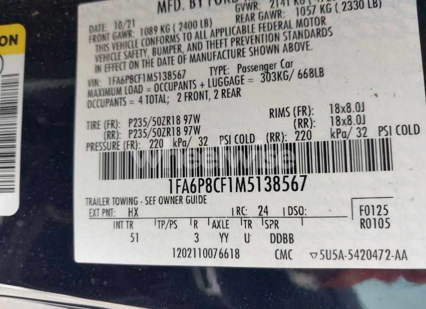 Photo 9 of 2021 Ford Mustang GT PREMIUM FASTBACK (VIN 1FA6P8CF1M5138567)