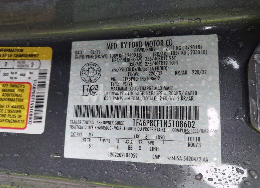 Photo 9 of 2022 Ford Mustang GT PREMIUM (VIN 1FA6P8CF1N5108602)