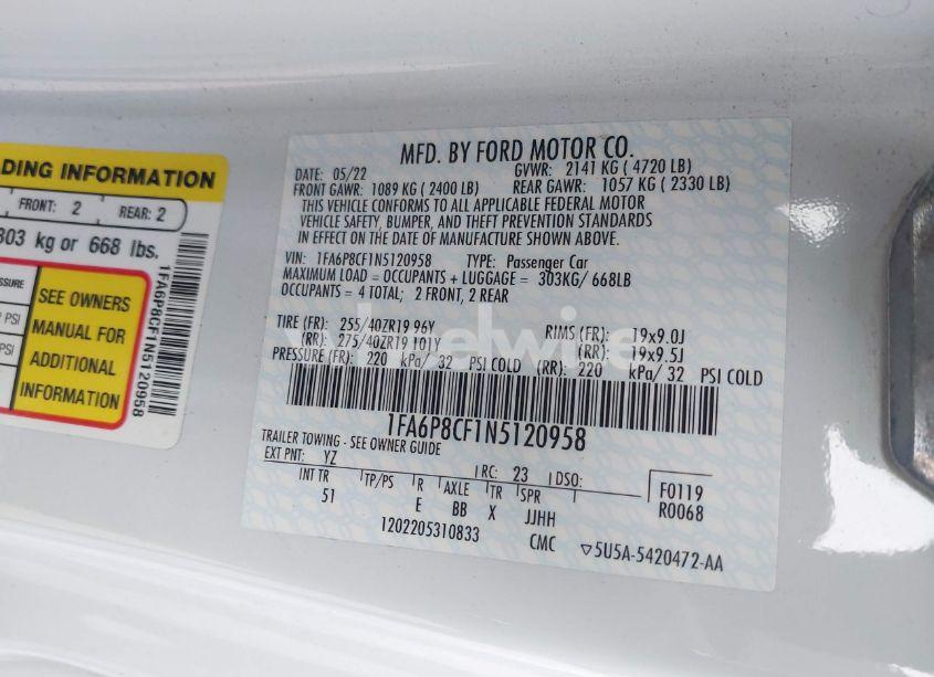 Photo 9 of 2022 Ford Mustang GT PREMIUM FASTBACK (VIN 1FA6P8CF1N5120958)