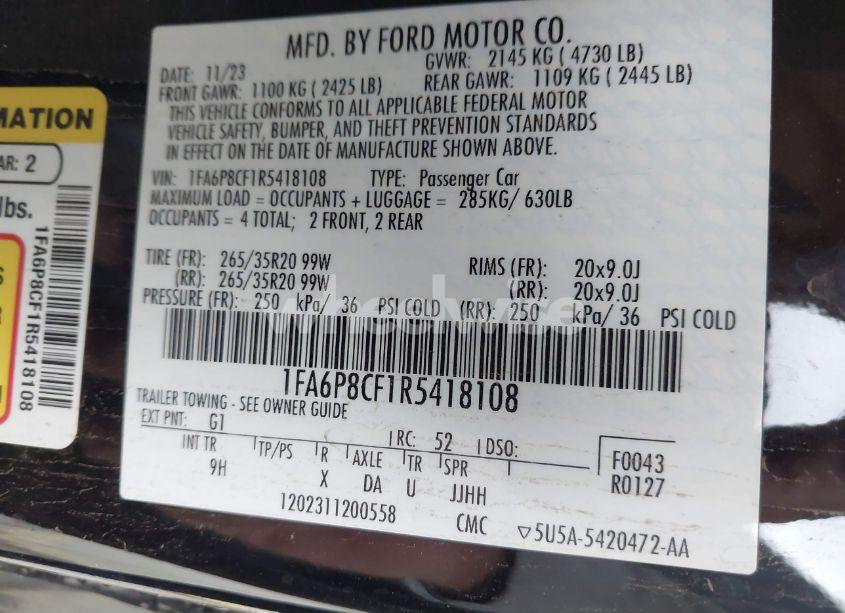 Photo 9 of 2024 Ford Mustang GT PREMIUM FASTBACK (VIN 1FA6P8CF1R5418108)