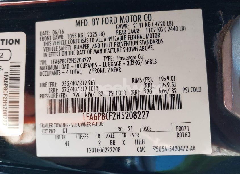 Photo 9 of 2017 Ford Mustang GT PREMIUM (VIN 1FA6P8CF2H5208227)