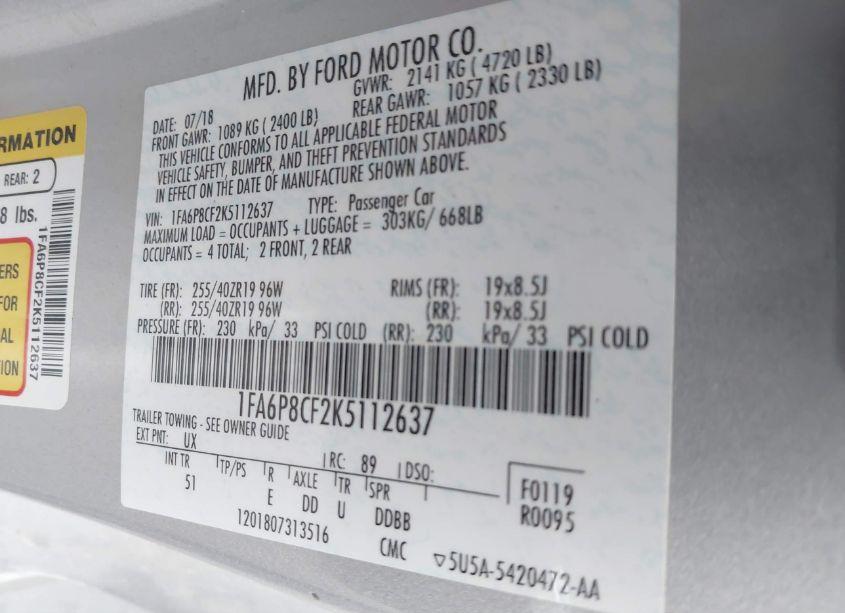 Photo 9 of 2019 Ford Mustang GT PREMIUM (VIN 1FA6P8CF2K5112637)