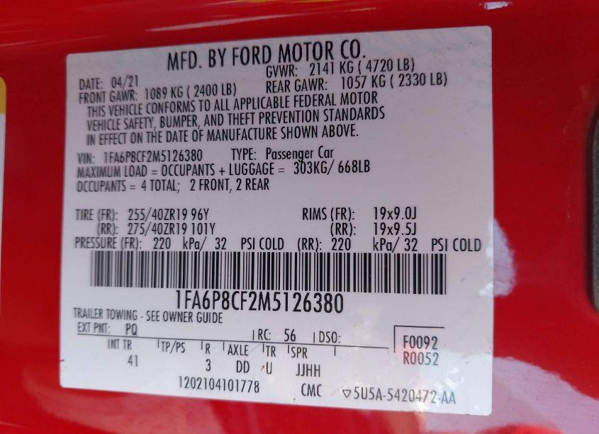 Photo 9 of 2021 Ford Mustang GT PREMIUM (VIN 1FA6P8CF2M5126380)