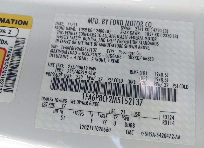 Photo 9 of 2021 Ford Mustang GT PREMIUM (VIN 1FA6P8CF2M5152137)