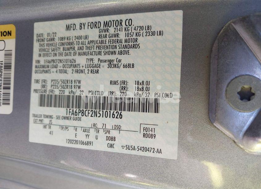 Photo 9 of 2022 Ford Mustang GT PREMIUM FASTBACK (VIN 1FA6P8CF2N5101626)