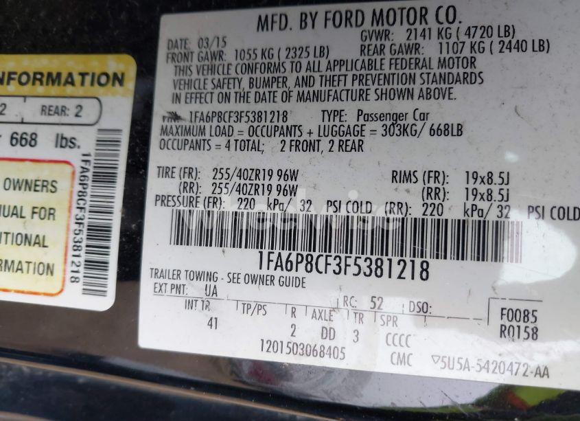 Photo 9 of 2015 Ford Mustang GT PREMIUM (VIN 1FA6P8CF3F5381218)