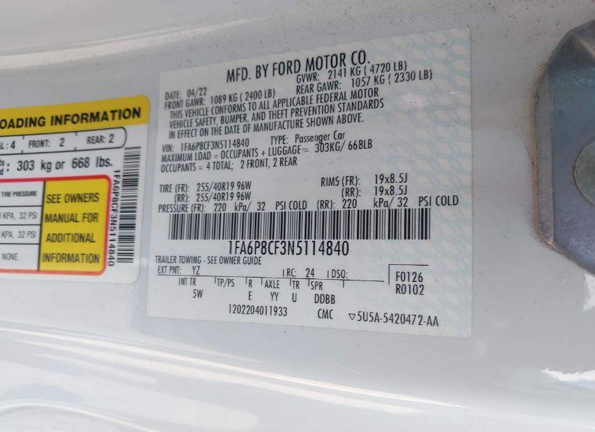 Photo 9 of 2022 Ford Mustang GT PREMIUM (VIN 1FA6P8CF3N5114840)