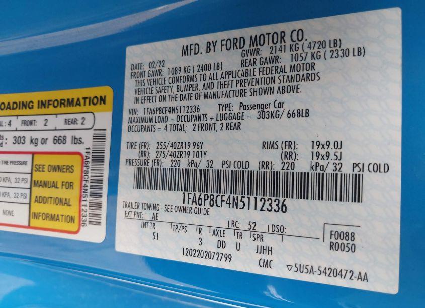 Photo 9 of 2022 Ford Mustang GT PREMIUM (VIN 1FA6P8CF4N5112336)