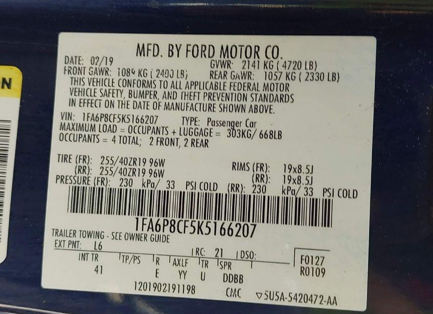 Photo 9 of 2019 Ford Mustang GT PREMIUM (VIN 1FA6P8CF5K5166207)