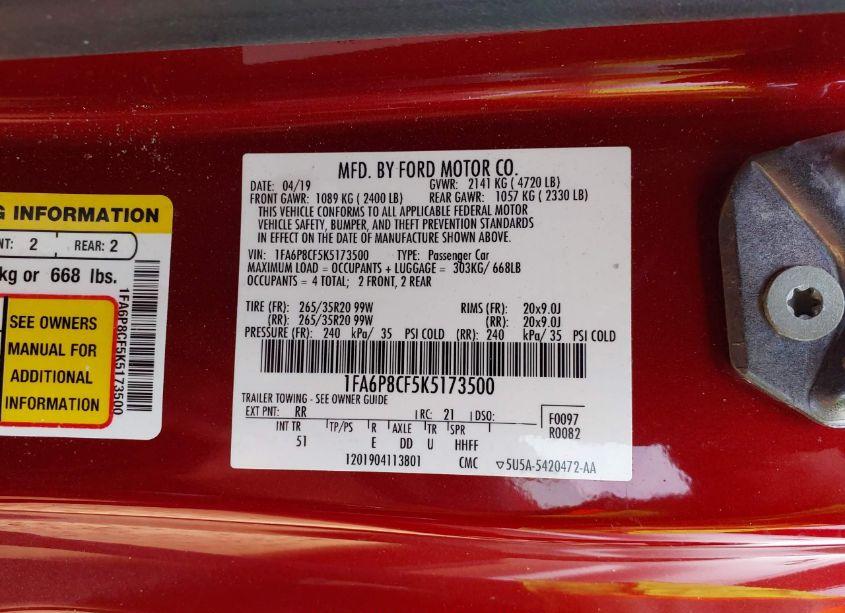 Photo 9 of 2019 Ford Mustang GT PREMIUM (VIN 1FA6P8CF5K5173500)