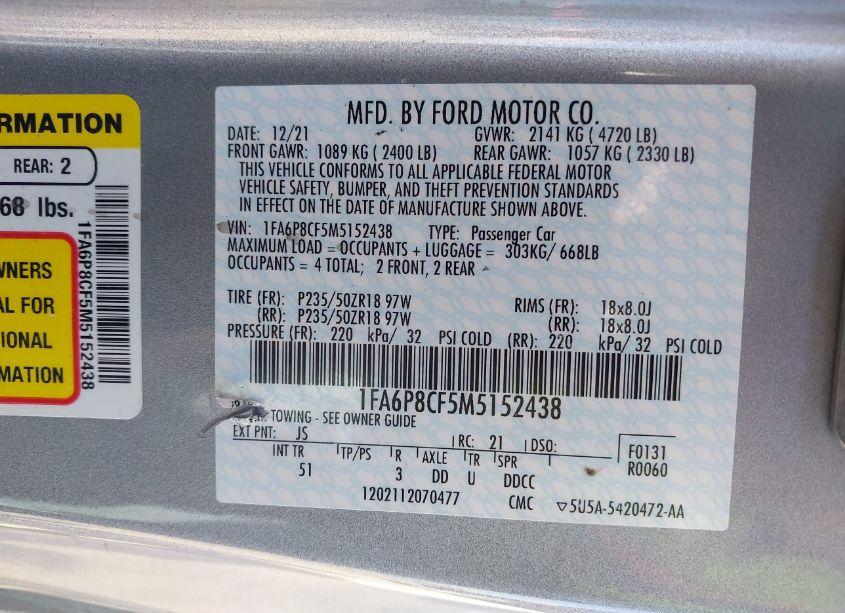 Photo 9 of 2021 Ford Mustang GT PREMIUM (VIN 1FA6P8CF5M5152438)