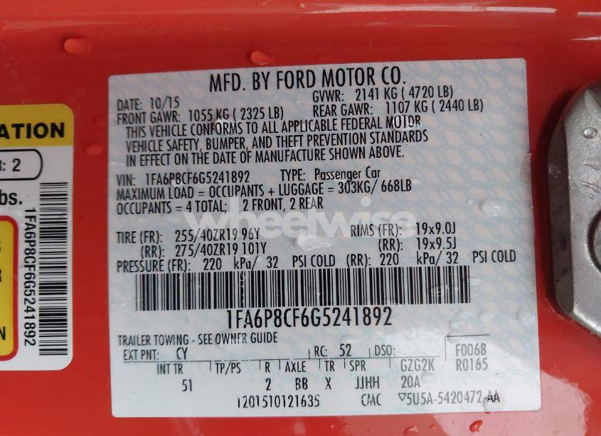 Photo 9 of 2016 Ford Mustang GT PREMIUM (VIN 1FA6P8CF6G5241892)