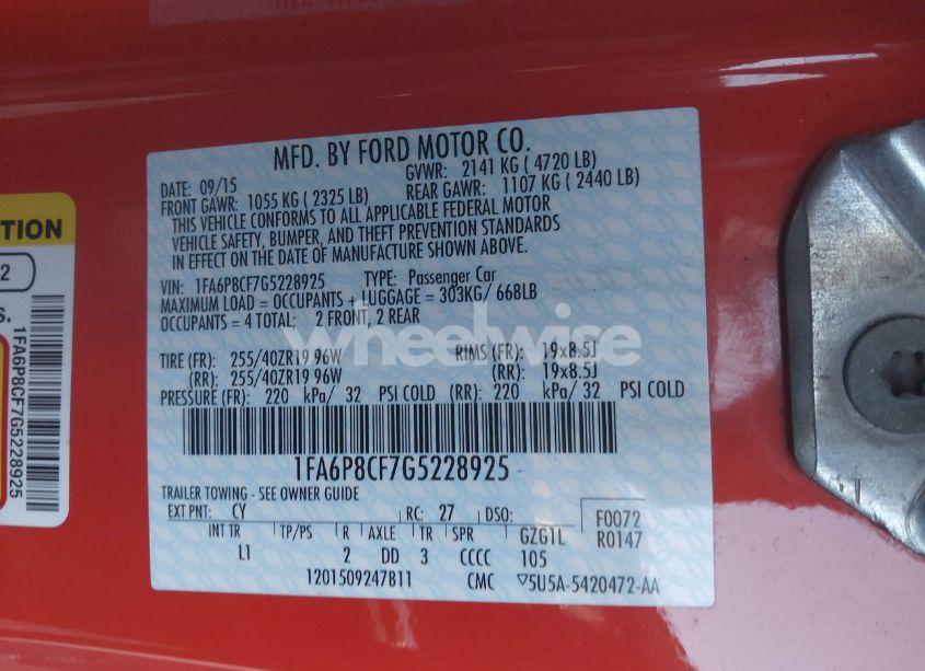 Photo 9 of 2016 Ford Mustang GT PREMIUM (VIN 1FA6P8CF7G5228925)