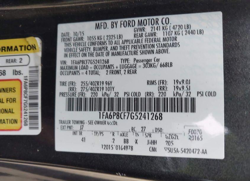 Photo 9 of 2016 Ford Mustang GT PREMIUM (VIN 1FA6P8CF7G5241268)