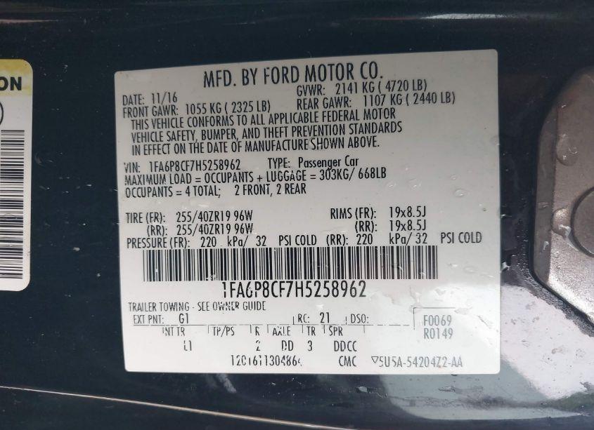 Photo 9 of 2017 Ford Mustang GT PREMIUM (VIN 1FA6P8CF7H5258962)