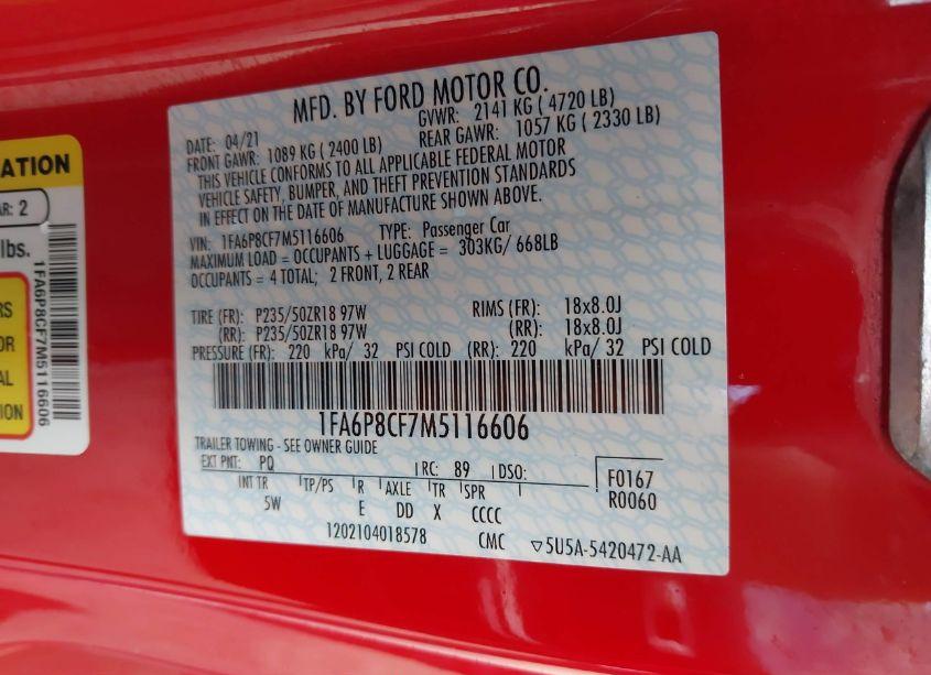 Photo 9 of 2021 Ford Mustang GT PREMIUM FASTBACK (VIN 1FA6P8CF7M5116606)