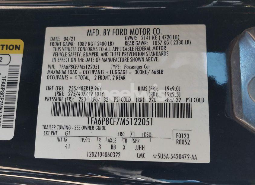 Photo 9 of 2021 Ford Mustang GT PREMIUM FASTBACK (VIN 1FA6P8CF7M5122051)