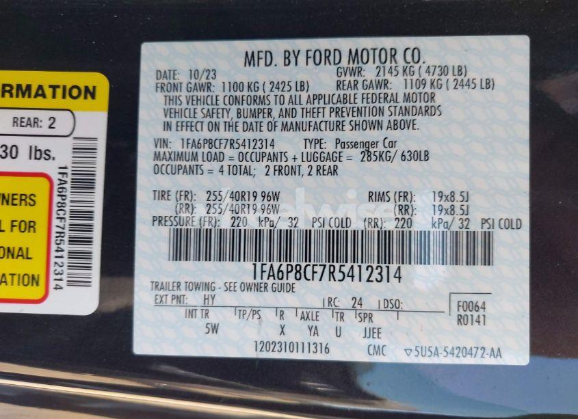 Photo 9 of 2024 Ford Mustang GT PREMIUM FASTBACK (VIN 1FA6P8CF7R5412314)