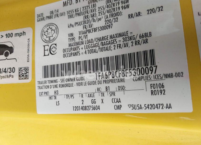 Photo 9 of 2015 Ford Mustang GT PREMIUM (VIN 1FA6P8CF8F5300097)