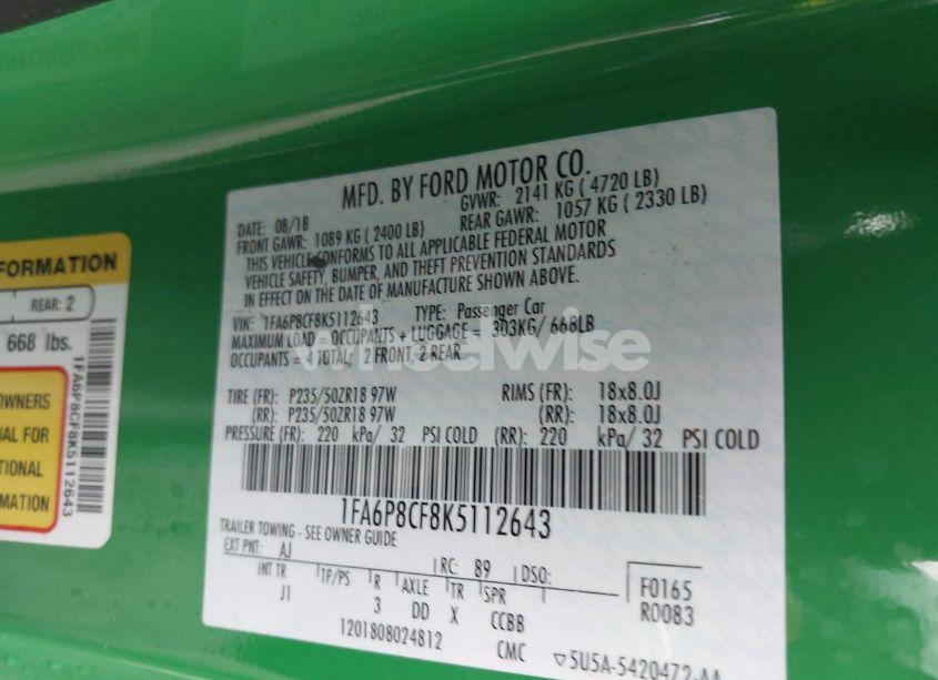 Photo 9 of 2019 Ford Mustang GT PREMIUM (VIN 1FA6P8CF8K5112643)