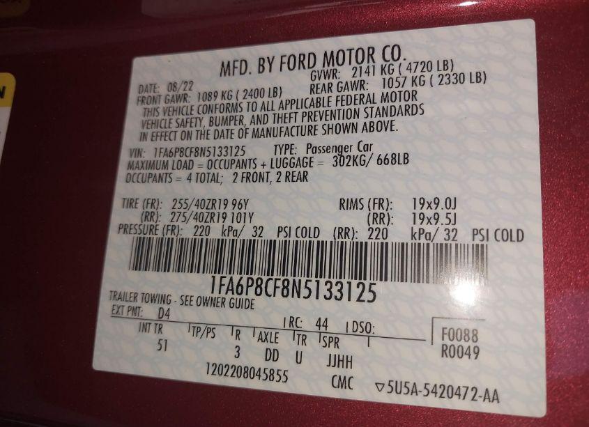 Photo 9 of 2022 Ford Mustang GT PREMIUM (VIN 1FA6P8CF8N5133125)