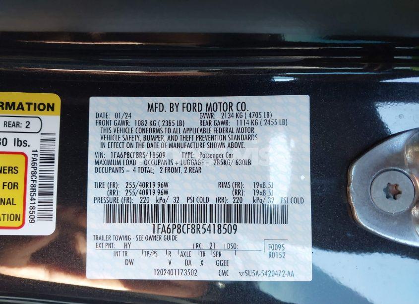 Photo 9 of 2024 Ford Mustang GT FASTBACK (VIN 1FA6P8CF8R5418509)