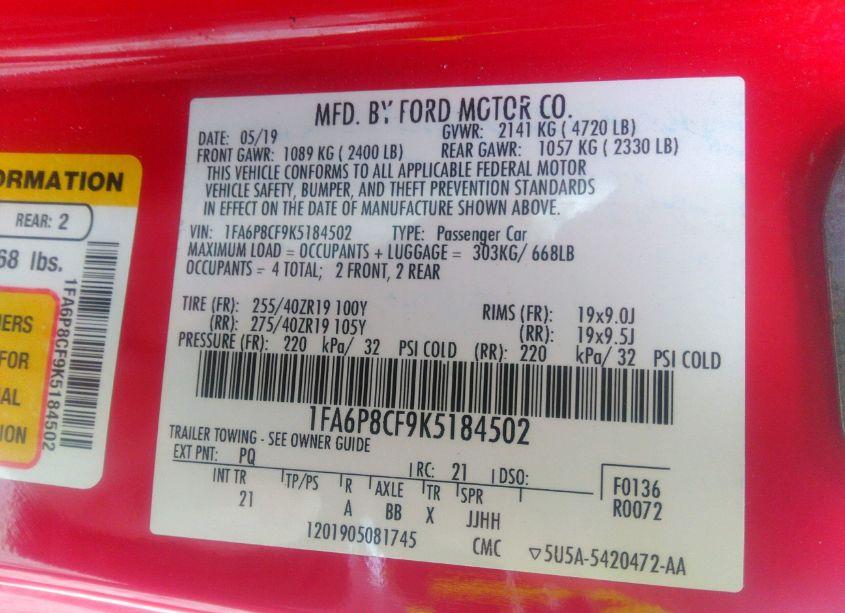 Photo 9 of 2019 Ford Mustang GT (VIN 1FA6P8CF9K5184502)