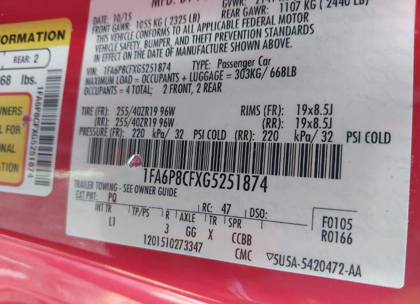 Photo 9 of 2016 Ford Mustang GT PREMIUM (VIN 1FA6P8CFXG5251874)