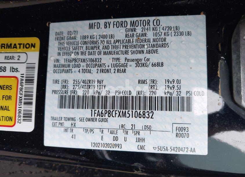 Photo 9 of 2021 Ford Mustang GT PREMIUM FASTBACK (VIN 1FA6P8CFXM5106832)