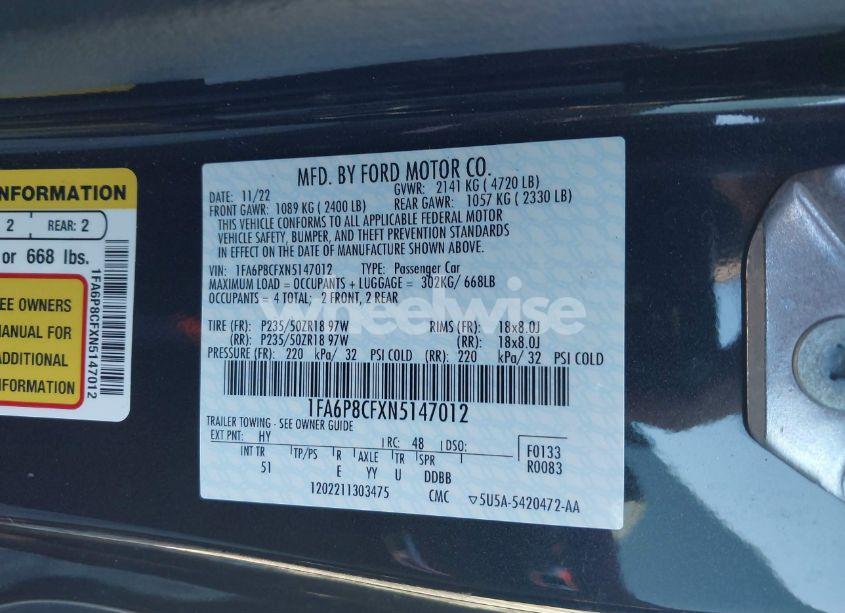 Photo 9 of 2022 Ford Mustang GT PREMIUM FASTBACK (VIN 1FA6P8CFXN5147012)