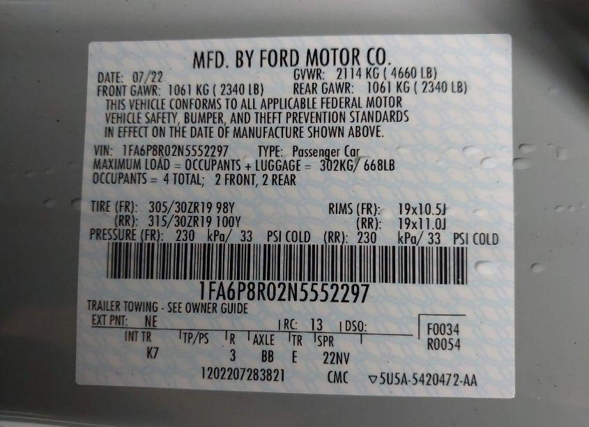 Photo 9 of 2022 Ford Mustang MACH 1 FASTBACK (VIN 1FA6P8R02N5552297)