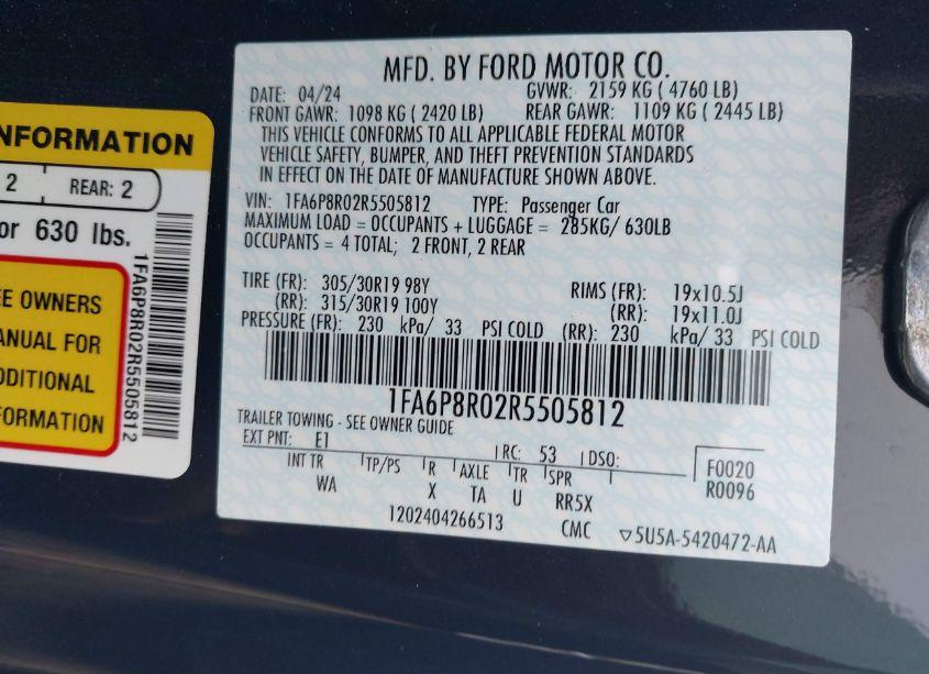 Photo 9 of 2024 Ford Mustang DARK HORSE (VIN 1FA6P8R02R5505812)