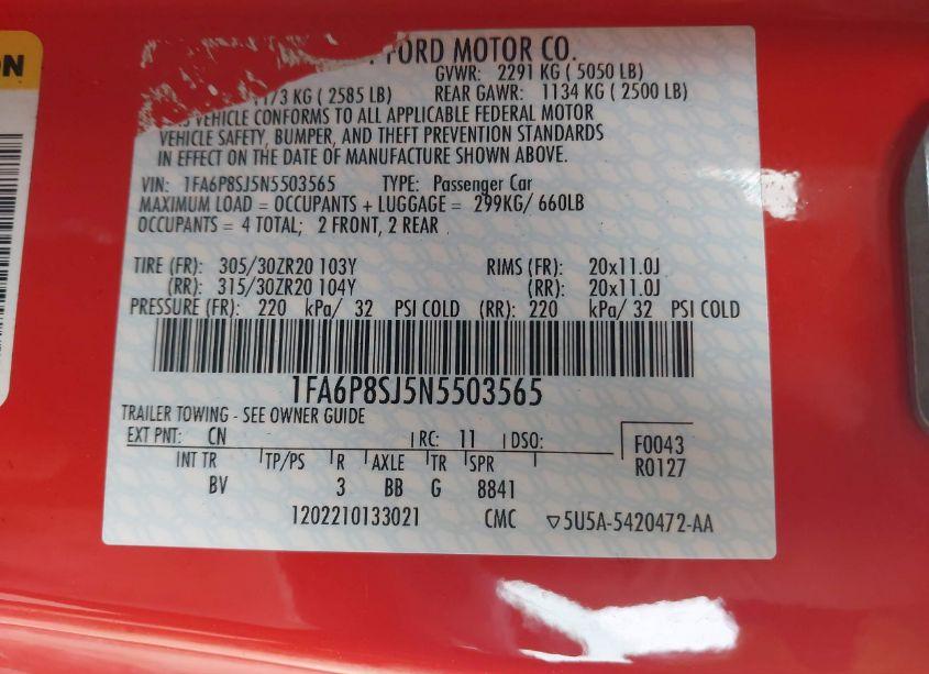 Photo 9 of 2022 Ford Mustang SHELBY GT500 FASTBACK (VIN 1FA6P8SJ5N5503565)