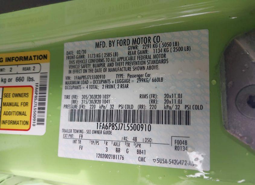 Photo 9 of 2020 Ford Mustang SHELBY GT500 FASTBACK (VIN 1FA6P8SJ7L5500910)