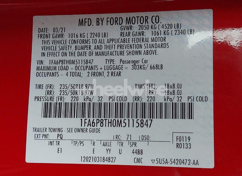 Photo 9 of 2021 Ford Mustang ECOBOOST PREMIUM FASTBACK (VIN 1FA6P8TH0M5115847)