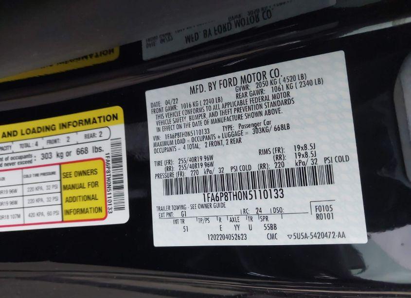 Photo 9 of 2022 Ford Mustang ECOBOOST PREMIUM FASTBACK (VIN 1FA6P8TH0N5110133)