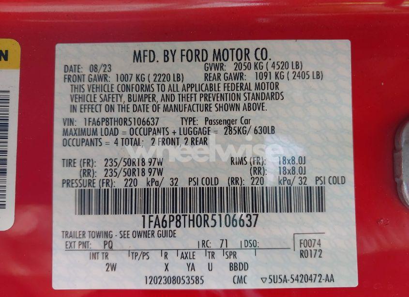 Photo 9 of 2024 Ford Mustang ECOBOOST FASTBACK (VIN 1FA6P8TH0R5106637)