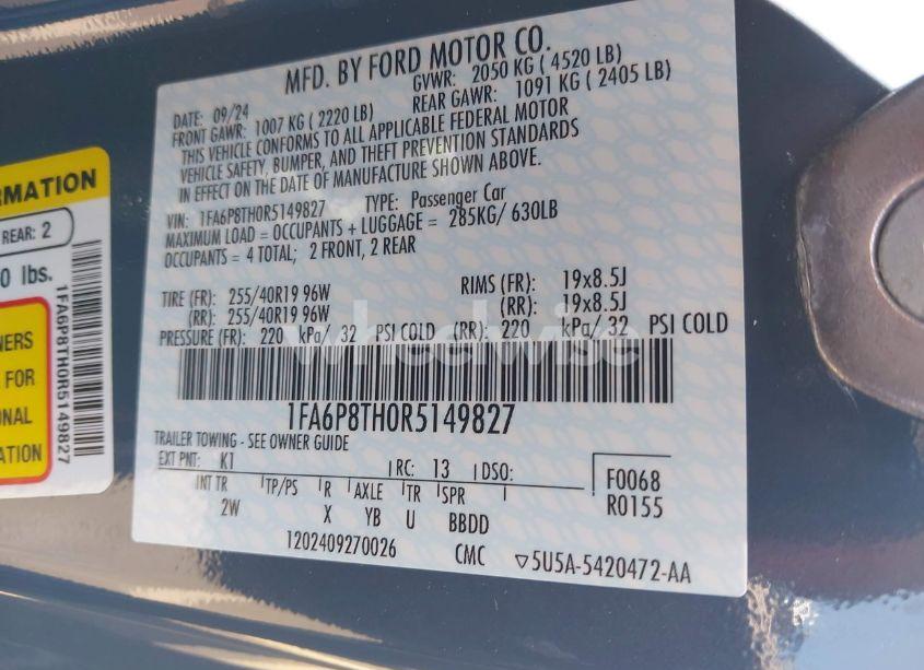 Photo 9 of 2024 Ford Mustang ECOBOOST FASTBACK (VIN 1FA6P8TH0R5149827)