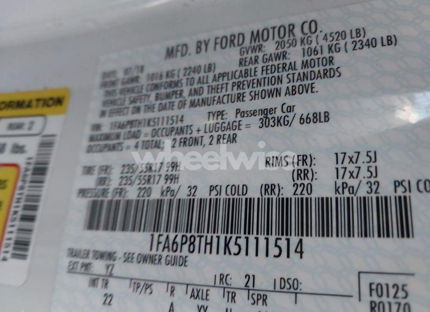 Photo 9 of 2019 Ford Mustang ECOBOOST (VIN 1FA6P8TH1K5111514)