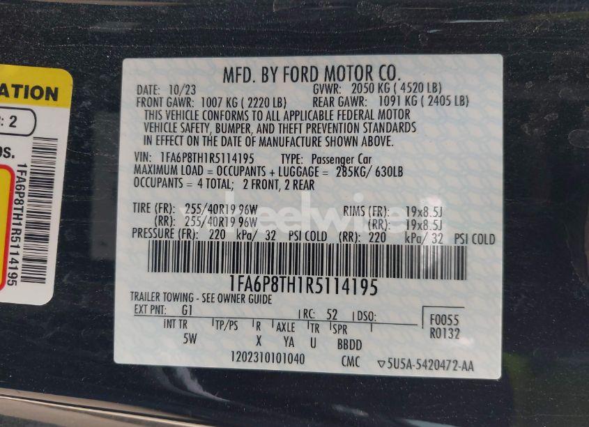 Photo 9 of 2024 Ford Mustang ECOBOOST PREMIUM FASTBACK (VIN 1FA6P8TH1R5114195)